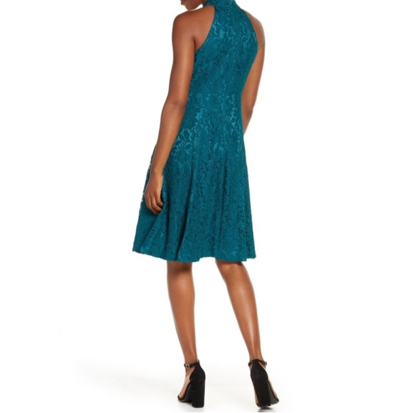 ELIZA J Floral Lace Fit-n-Flare Mock Neck Sleeveless Dress, Teal, Size 6 - Picture 7 of 8